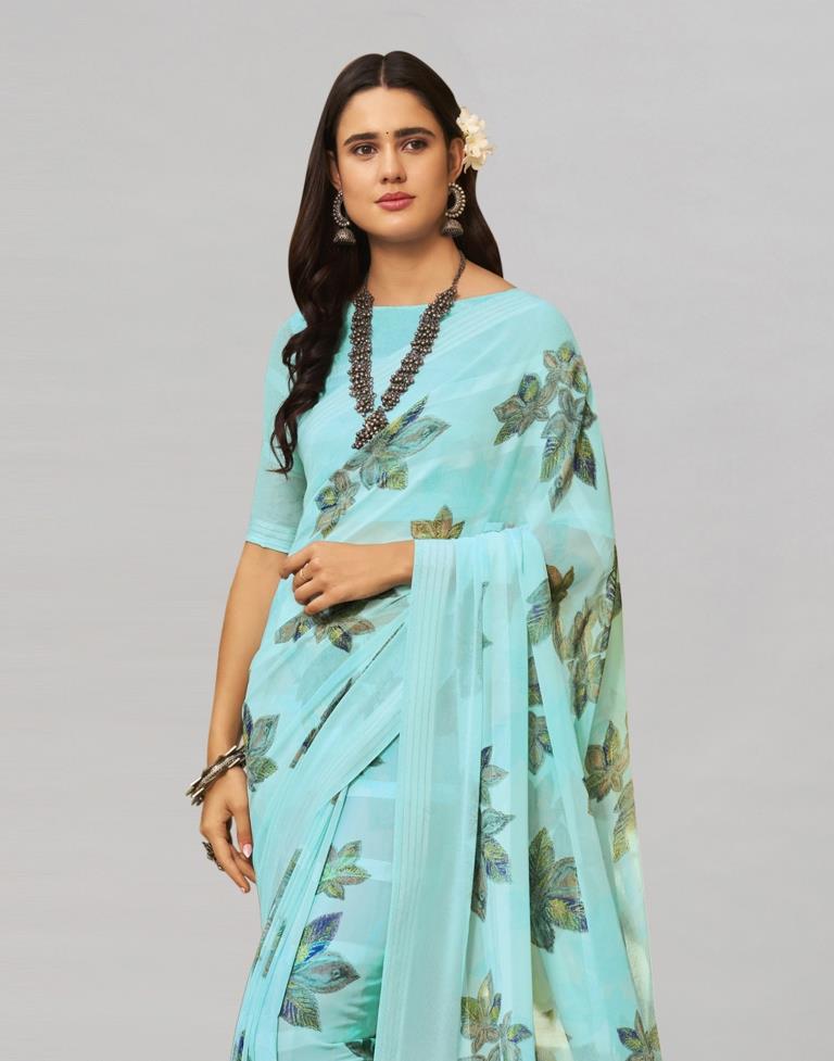 Sky Blue Coloured Georgette Floral Printed Saree | Sudathi