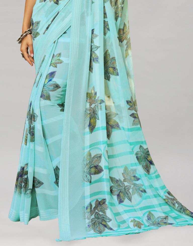 Sky Blue Coloured Georgette Floral Printed Saree | Sudathi