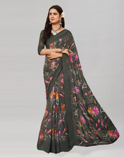 Shadow Grey Coloured Georgette Floral Printed Saree | Sudathi