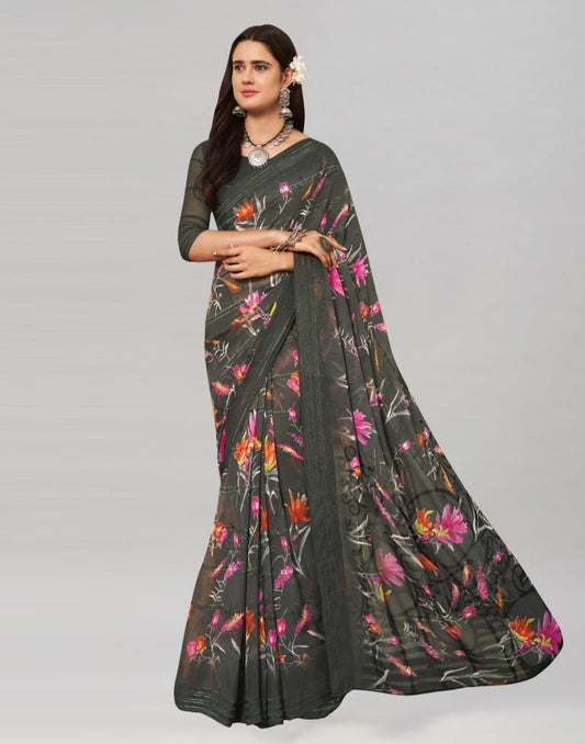 Shadow Grey Coloured Georgette Floral Printed Saree | Sudathi