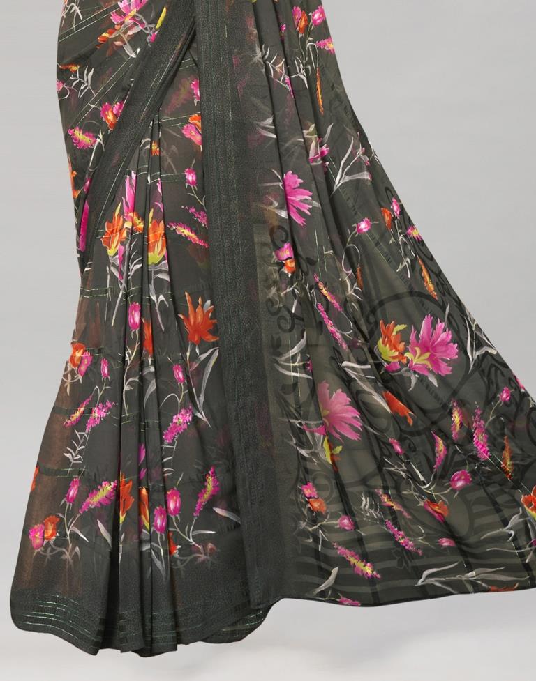 Shadow Grey Coloured Georgette Floral Printed Saree | Sudathi