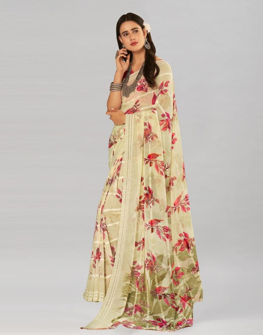 Cream Coloured Georgette Floral Printed Saree | Sudathi