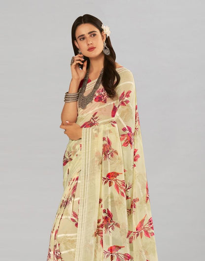 Cream Coloured Georgette Floral Printed Saree | Sudathi