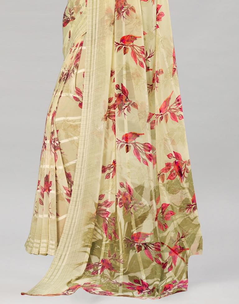 Cream Coloured Georgette Floral Printed Saree | Sudathi