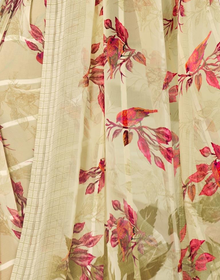 Cream Coloured Georgette Floral Printed Saree | Sudathi