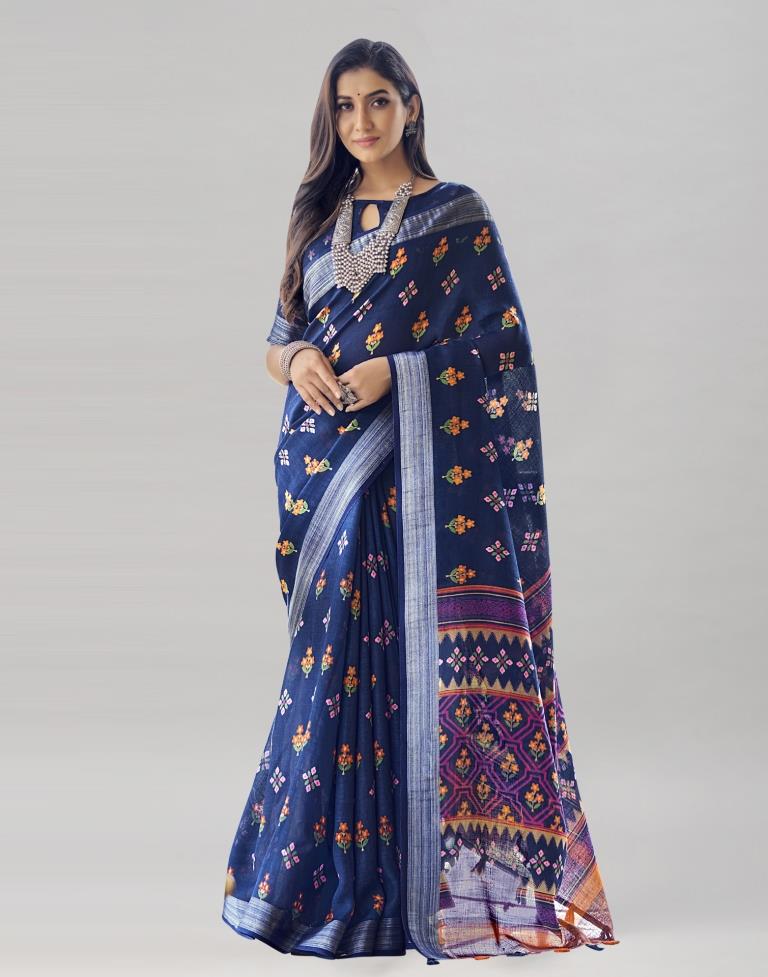 Navy Blue Coloured Poly Cotton Printed Saree | Sudathi