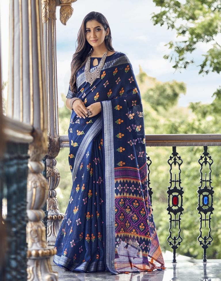 Navy Blue Coloured Poly Cotton Printed Saree | Sudathi