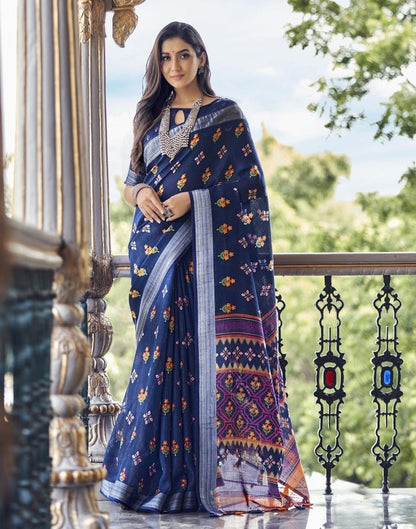 Navy Blue Coloured Poly Cotton Printed Saree | Sudathi