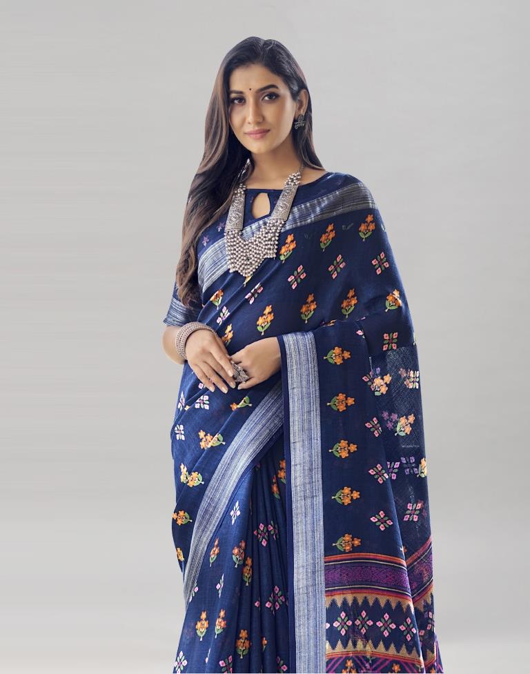 Navy Blue Coloured Poly Cotton Printed Saree | Sudathi