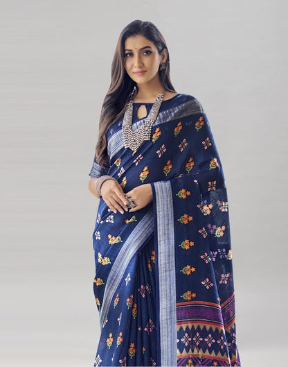 Navy Blue Coloured Poly Cotton Printed Saree | Sudathi