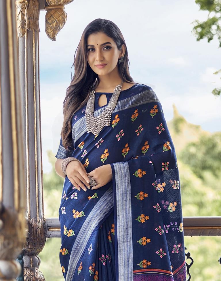 Navy Blue Coloured Poly Cotton Printed Saree | Sudathi