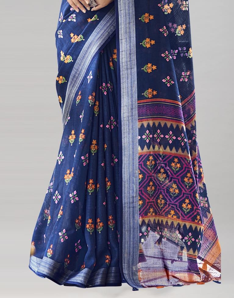 Navy Blue Coloured Poly Cotton Printed Saree | Sudathi