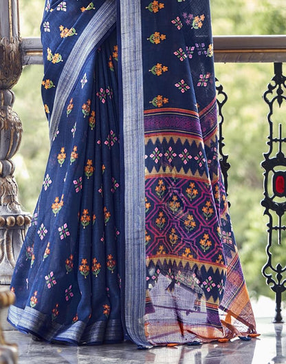 Navy Blue Coloured Poly Cotton Printed Saree | Sudathi