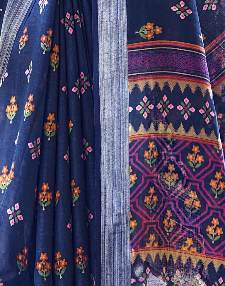 Navy Blue Coloured Poly Cotton Printed Saree | Sudathi