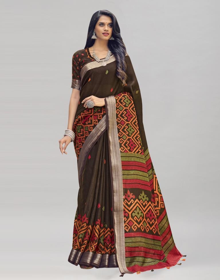 Brown Coloured Poly Cotton Printed Saree | Sudathi