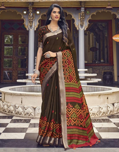 Brown Coloured Poly Cotton Printed Saree | Sudathi