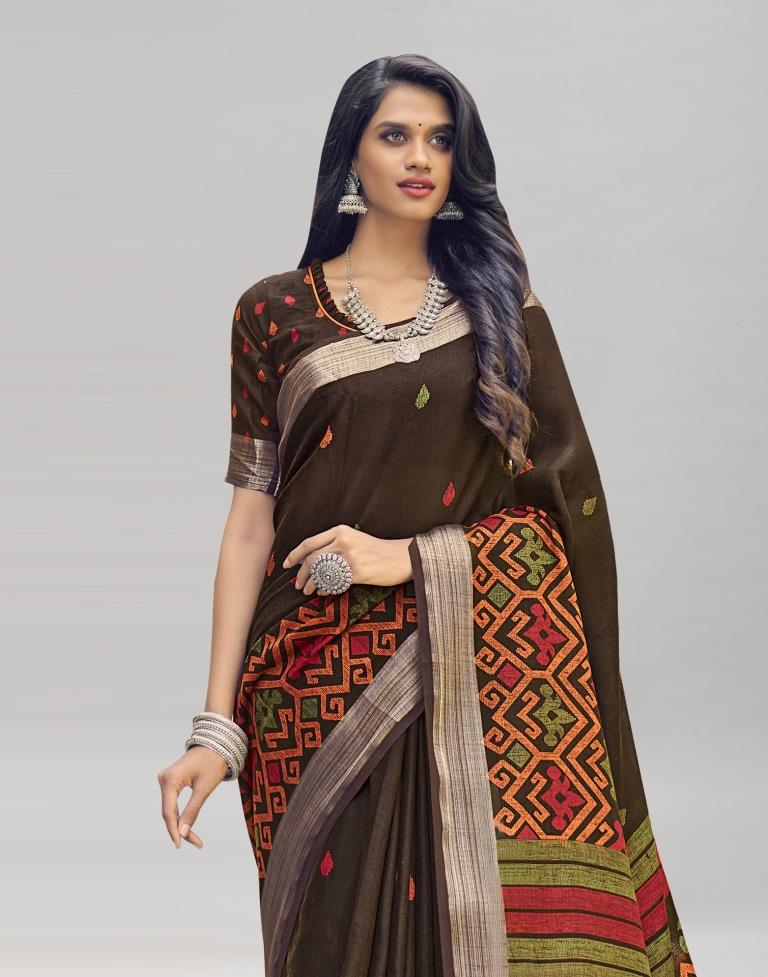 Brown Coloured Poly Cotton Printed Saree | Sudathi