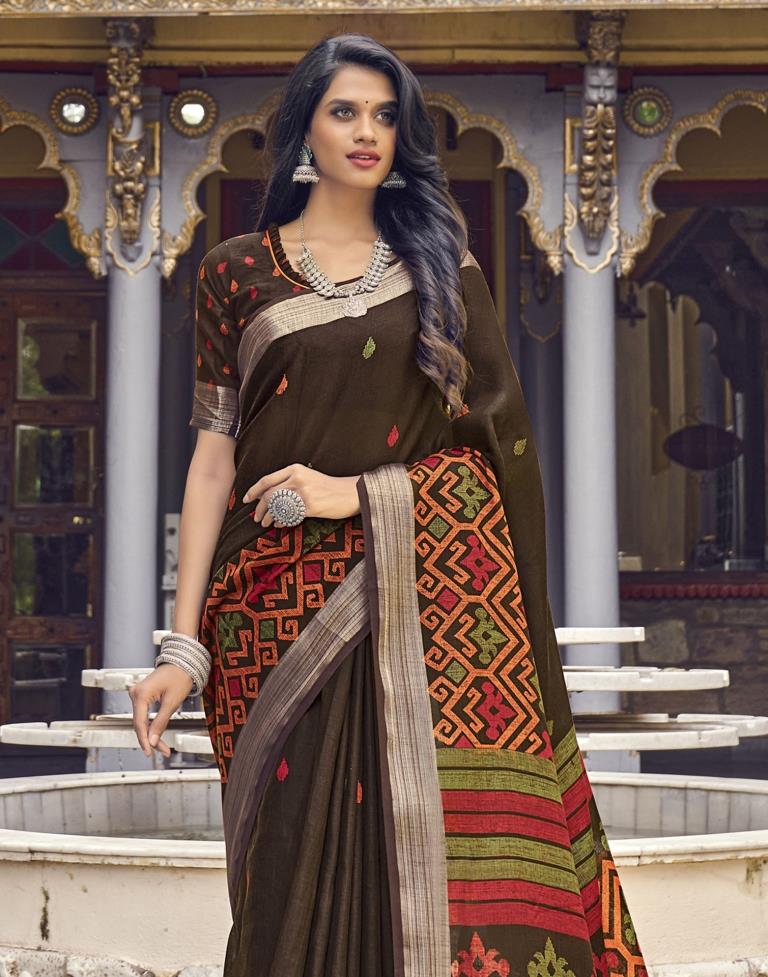Brown Coloured Poly Cotton Printed Saree | Sudathi