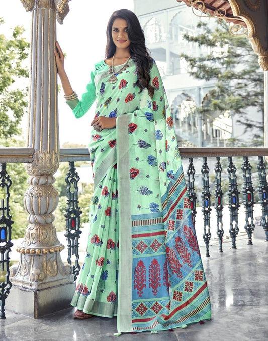 Aquamarine Blue Coloured Poly Cotton Printed Saree | Sudathi