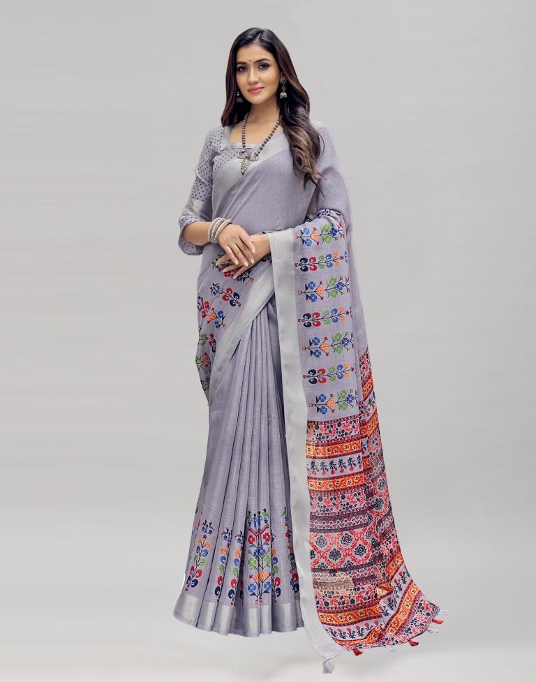 Lavender Coloured Poly Cotton Printed Saree | Sudathi