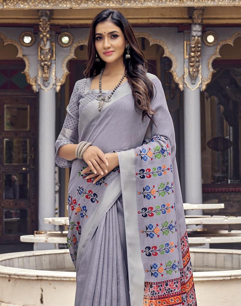 Lavender Coloured Poly Cotton Printed Saree | Sudathi