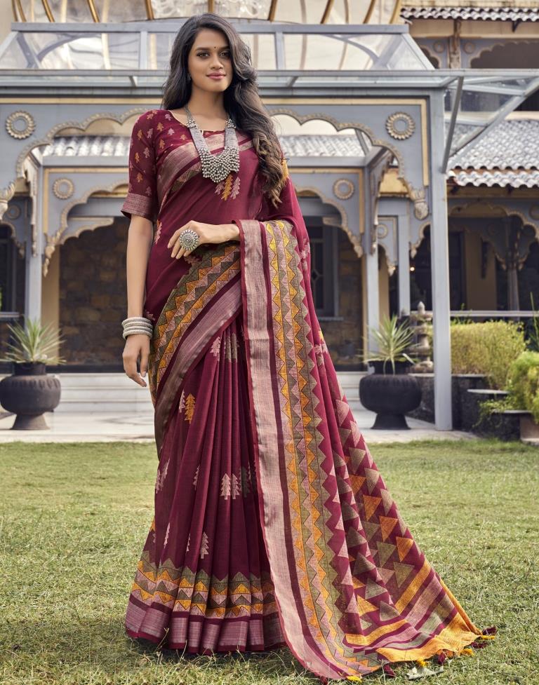 Maroon Coloured Poly Cotton Printed Saree | Sudathi