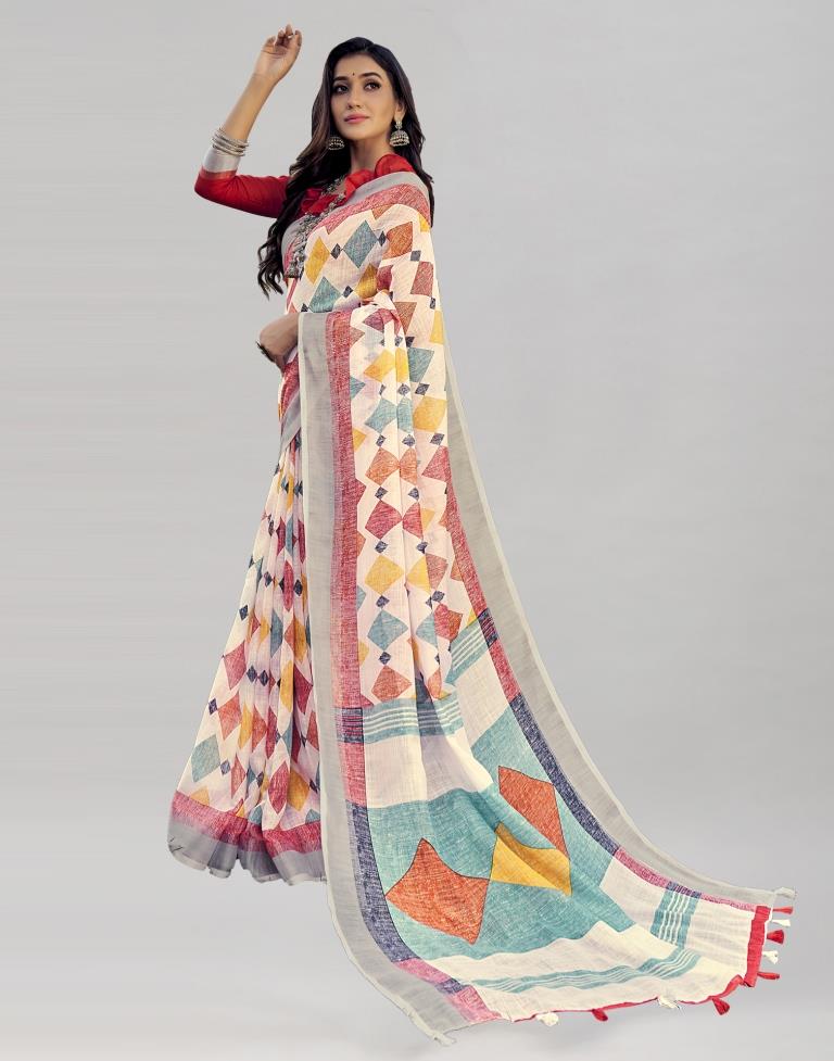 White Coloured Poly Cotton Printed Saree | Sudathi