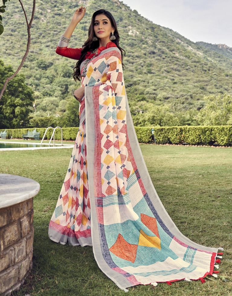 White Coloured Poly Cotton Printed Saree | Sudathi