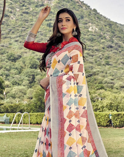 White Coloured Poly Cotton Printed Saree | Sudathi