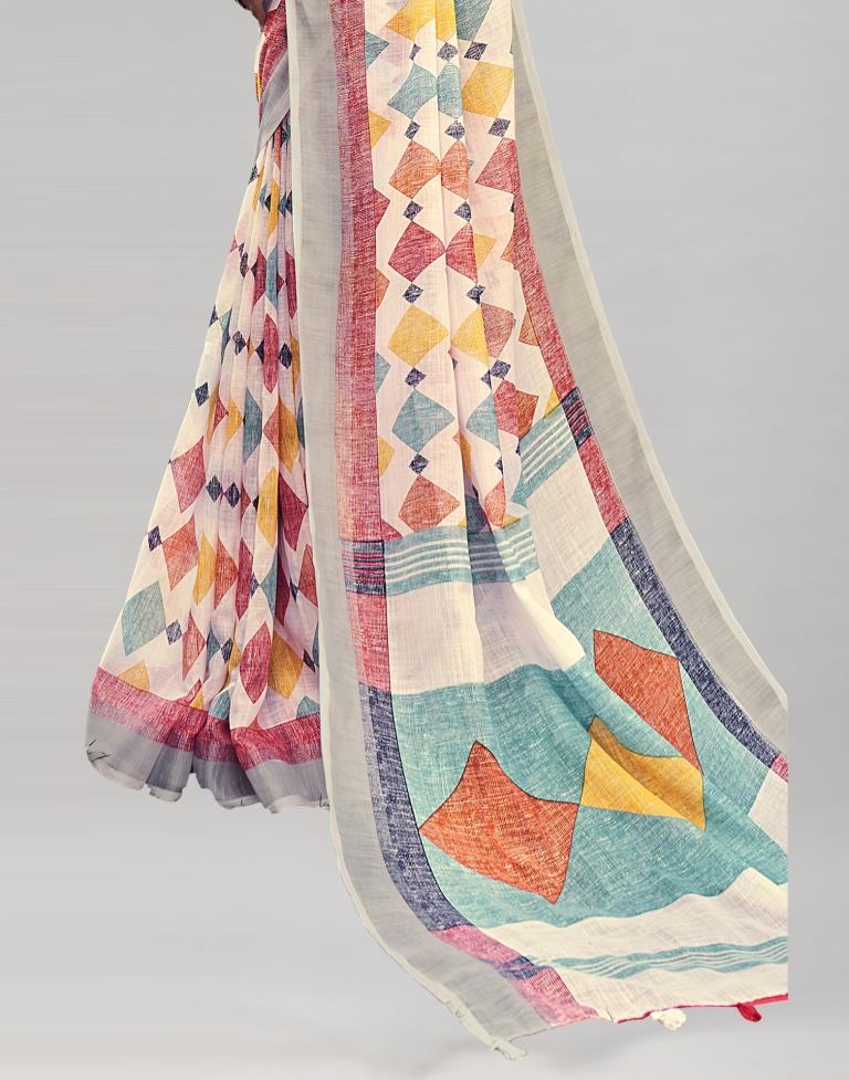White Coloured Poly Cotton Printed Saree | Sudathi