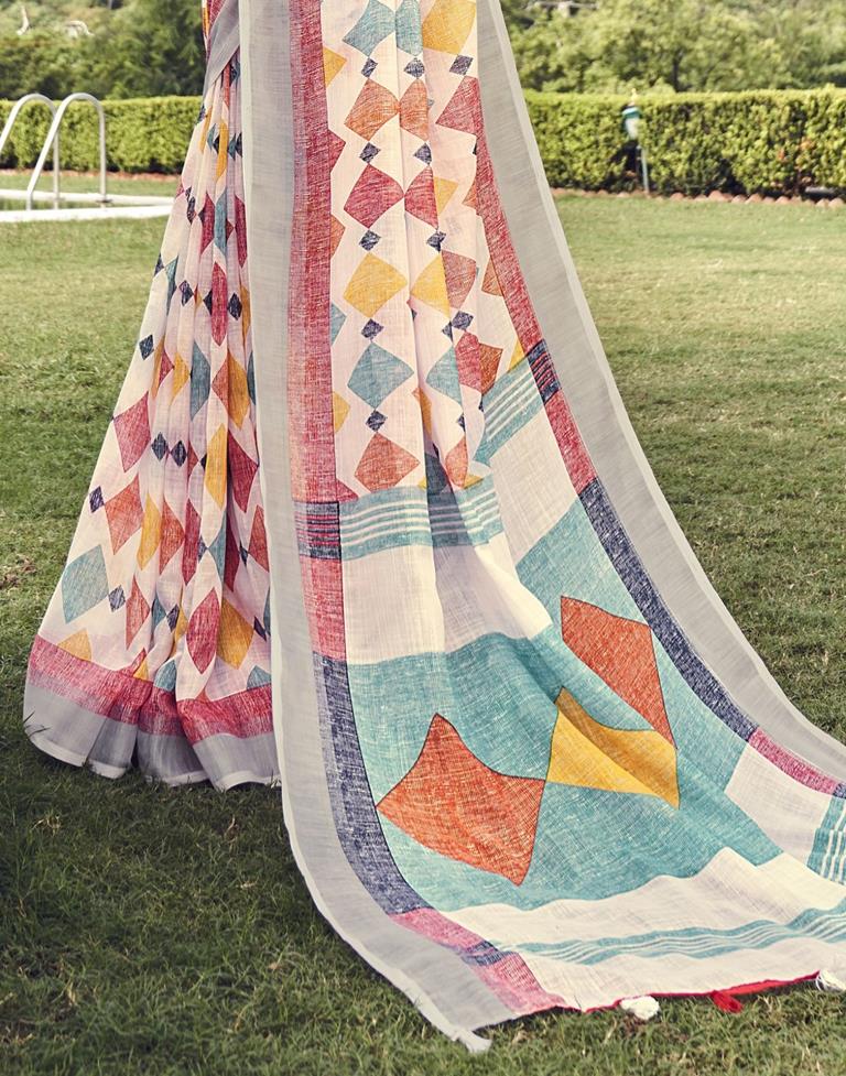 White Coloured Poly Cotton Printed Saree | Sudathi