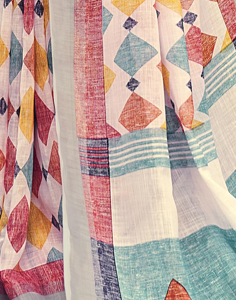 White Coloured Poly Cotton Printed Saree | Sudathi