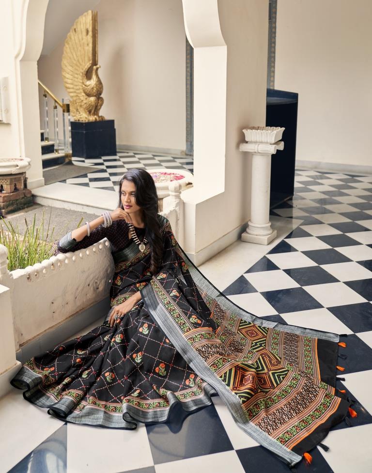 Black Coloured Poly Cotton Printed Saree | Sudathi