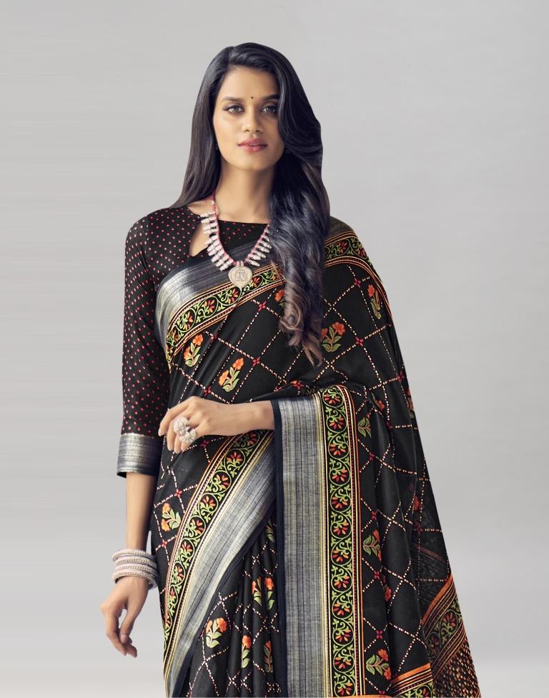 Black Coloured Poly Cotton Printed Saree | Sudathi