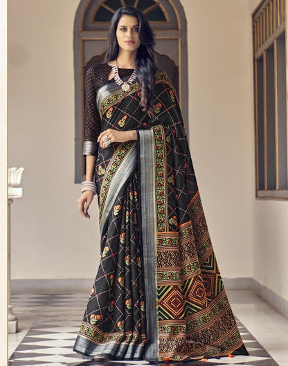 Black Coloured Poly Cotton Printed Saree | Sudathi