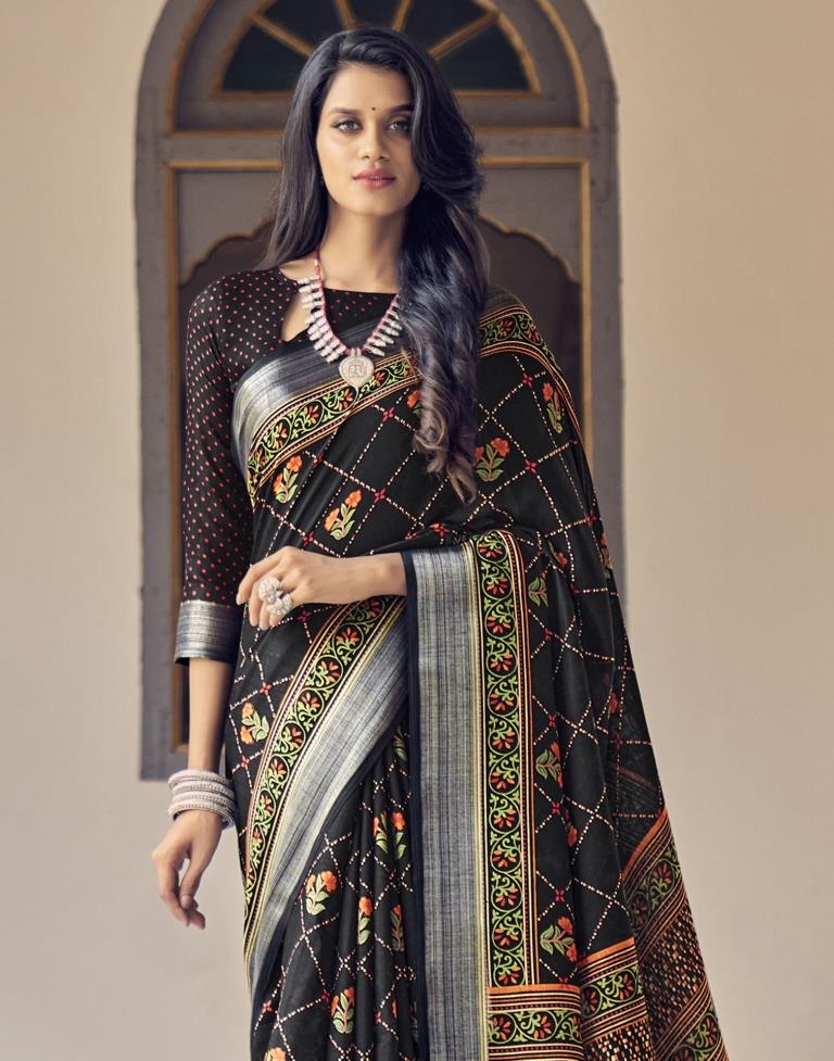 Black Coloured Poly Cotton Printed Saree | Sudathi