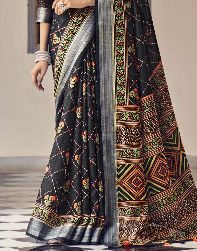 Black Coloured Poly Cotton Printed Saree | Sudathi