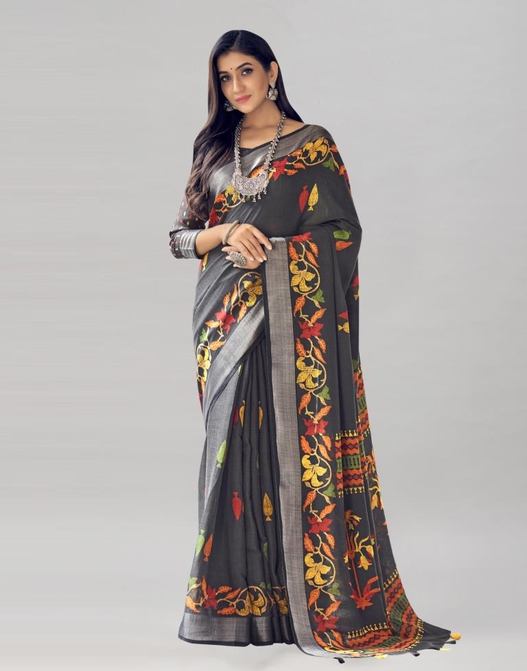 Black Coloured Poly Cotton Printed Saree | Sudathi