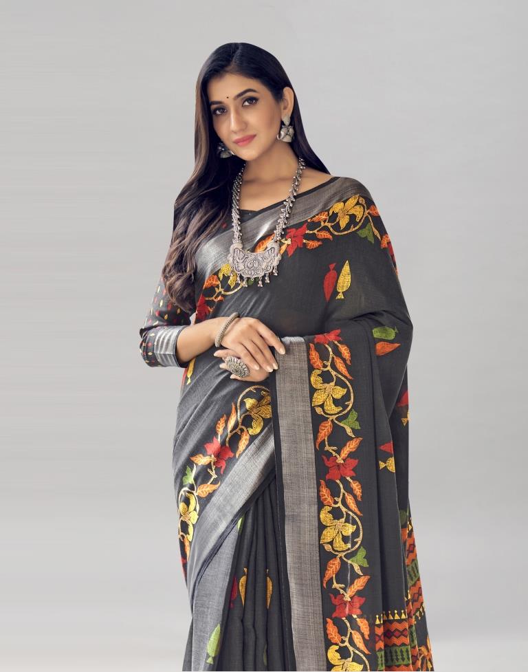 Black Coloured Poly Cotton Printed Saree | Sudathi