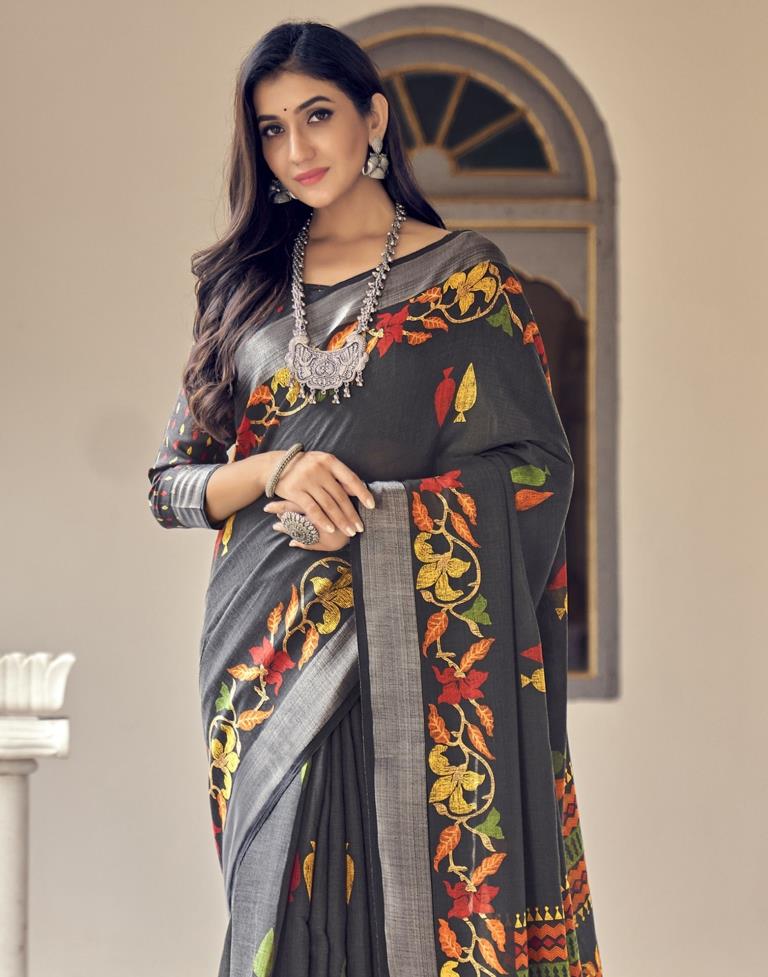 Black Coloured Poly Cotton Printed Saree | Sudathi