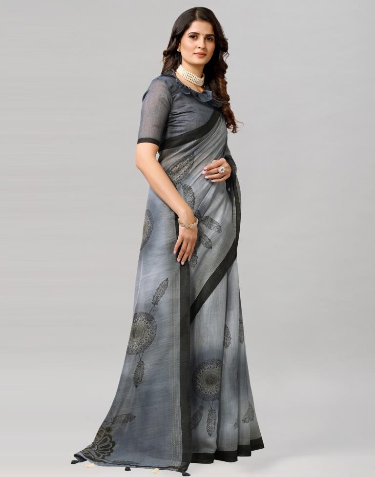 Steel Grey Coloured Poly Cotton Printed Saree | Sudathi