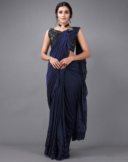 Navy Blue Plain Pre-draped Saree | Leemboodi