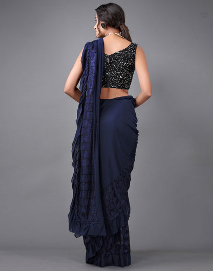Navy Blue Plain Pre-draped Saree | Leemboodi