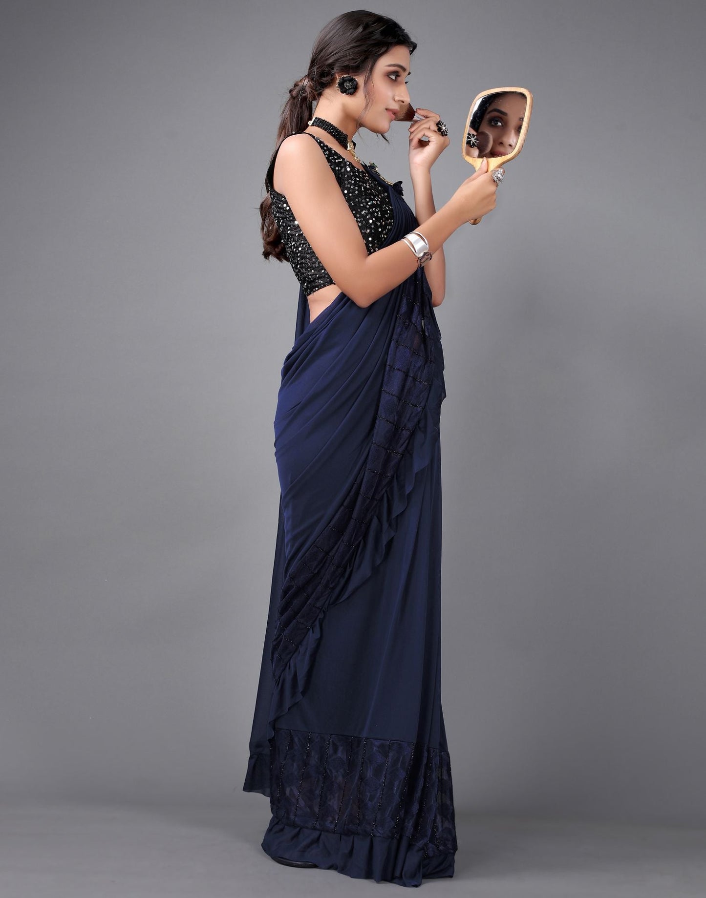 Navy Blue Plain Pre-draped Saree | Leemboodi