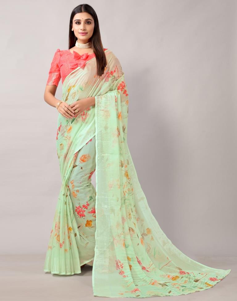 Pista Green Printed Chiffon Saree