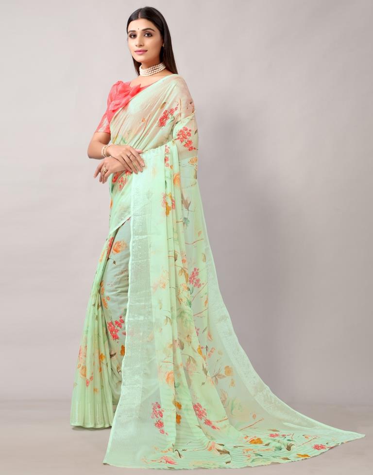 Pista Green Printed Chiffon Saree