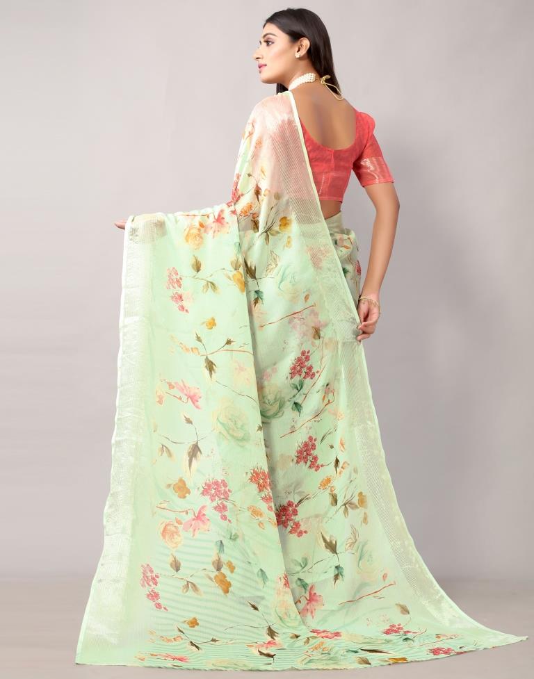 Pista Green Printed Chiffon Saree