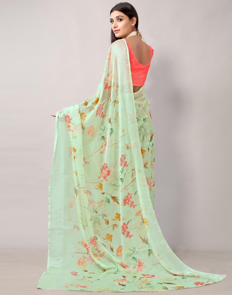 Pista Green Printed Chiffon Saree
