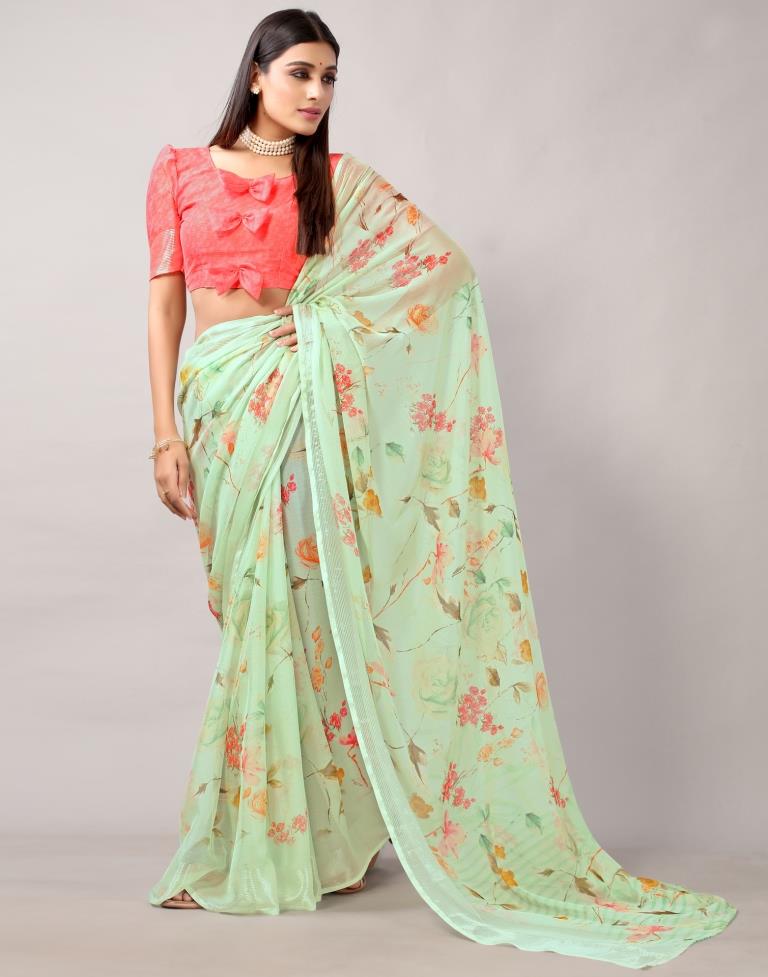 Pista Green Printed Chiffon Saree