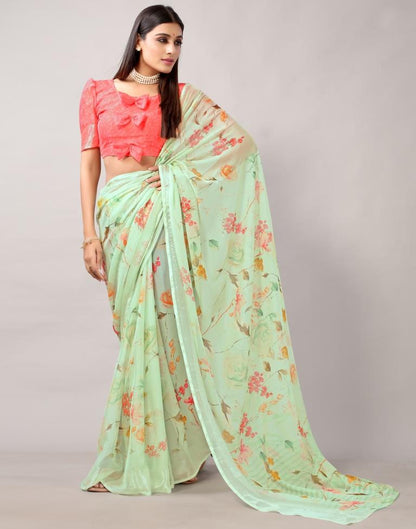 Pista Green Printed Chiffon Saree